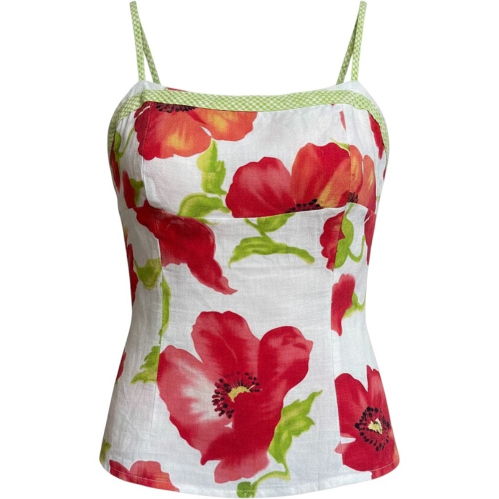 Pictures Womens Linen Floral Poppy Gingham Trim Cami Tank Top Sz M Cottage